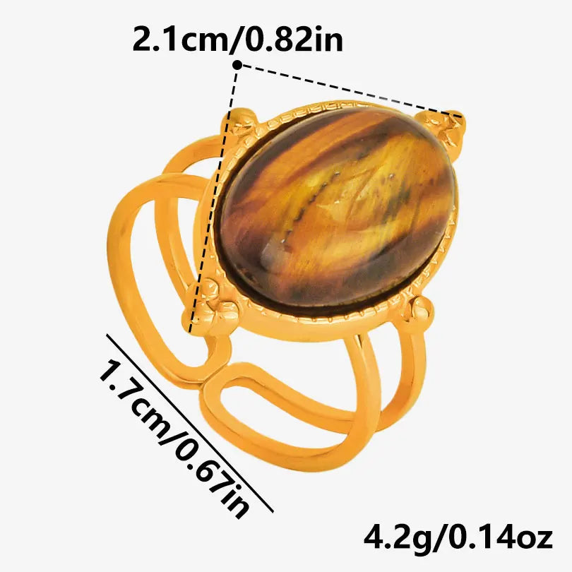 خاتم من حجر عين النمر الحقيقي على شكل قلب الشمس من الفولاذ المقاوم للصدأ، خواتم مفتوحة للنساء والرجال، إكسسوارات مجوهرات عتيقة مطلية بالذهب الحقيقي