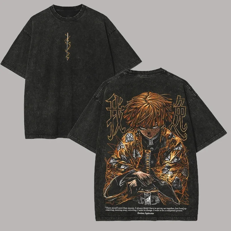 25 New Hot Anime Demon Slayer Agatsuma Zenitsu T-shirt Men Washed Cotton Casual Loose Harajuku Male Vintage Tees Tops