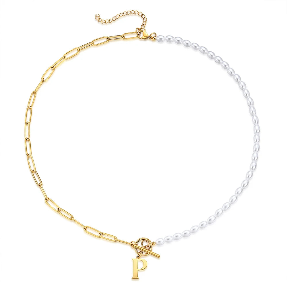 سلسلة مجوهرات جديدة من NIBA مصنوعة من الفولاذ المقاوم للصدأ باللون الذهبي والفضي على شكل حرف أبجدي مرصعة باللؤلؤ للنساء والأزياء النسائية