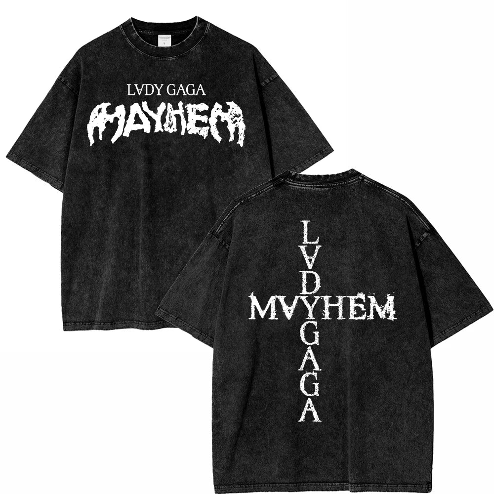 تي شيرت كلاسيكي مغسول من ليدي غاغا، جولة مايهم بول 2025، أزياء رجالية/نسائية، جودة عالية، غسيل حمضي، قطن 100%