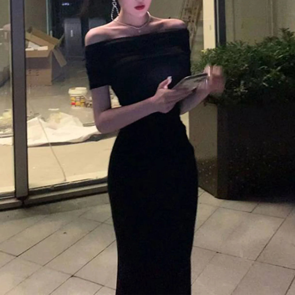 One Shoulder Style Long Sleeve Dress For Women In Spring And Summer Ladies’ Fashion Solid Color Sexy Basic Slim Fit Long Skirt