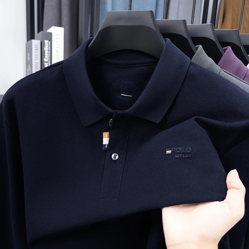 قميص بولو رجالي فاخر عالي الجودة مصنوع من القطن بنسبة 100%، بأكمام طويلة، مطرز بحرف على ظهر السلحفاة، مناسب لفصل الخريف، مناسب لرجال الأعمال