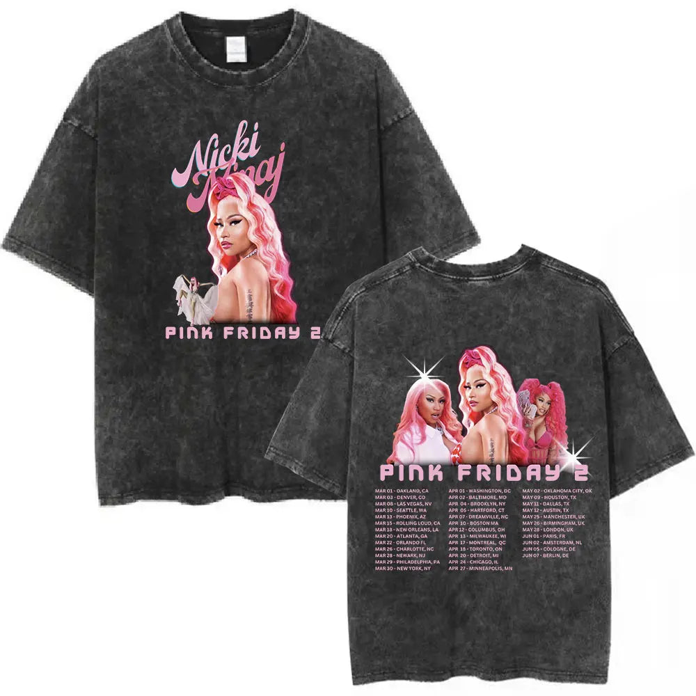 تي شيرت نيكي ميناج بينك فرايداي 2 وورلد تور القديم المغسول للرجال والنساء من القطن غير الرسمي فضفاض وكبير الحجم هدية للمعجبين ملابس الشارع