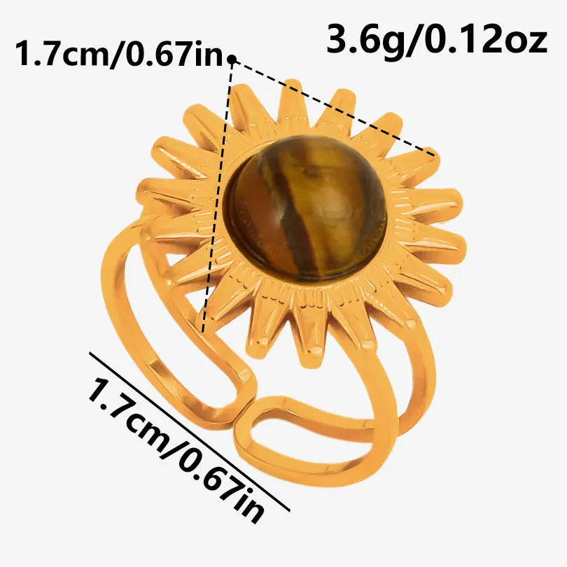 خاتم من حجر عين النمر الحقيقي على شكل قلب الشمس من الفولاذ المقاوم للصدأ، خواتم مفتوحة للنساء والرجال، إكسسوارات مجوهرات عتيقة مطلية بالذهب الحقيقي