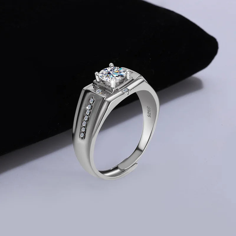 خاتم مويسانيتي فضي عالي الجودة، خاتم بلاتينيوم فارس للرجال، خاتم زفاف رجالي بسيط وأنيق
