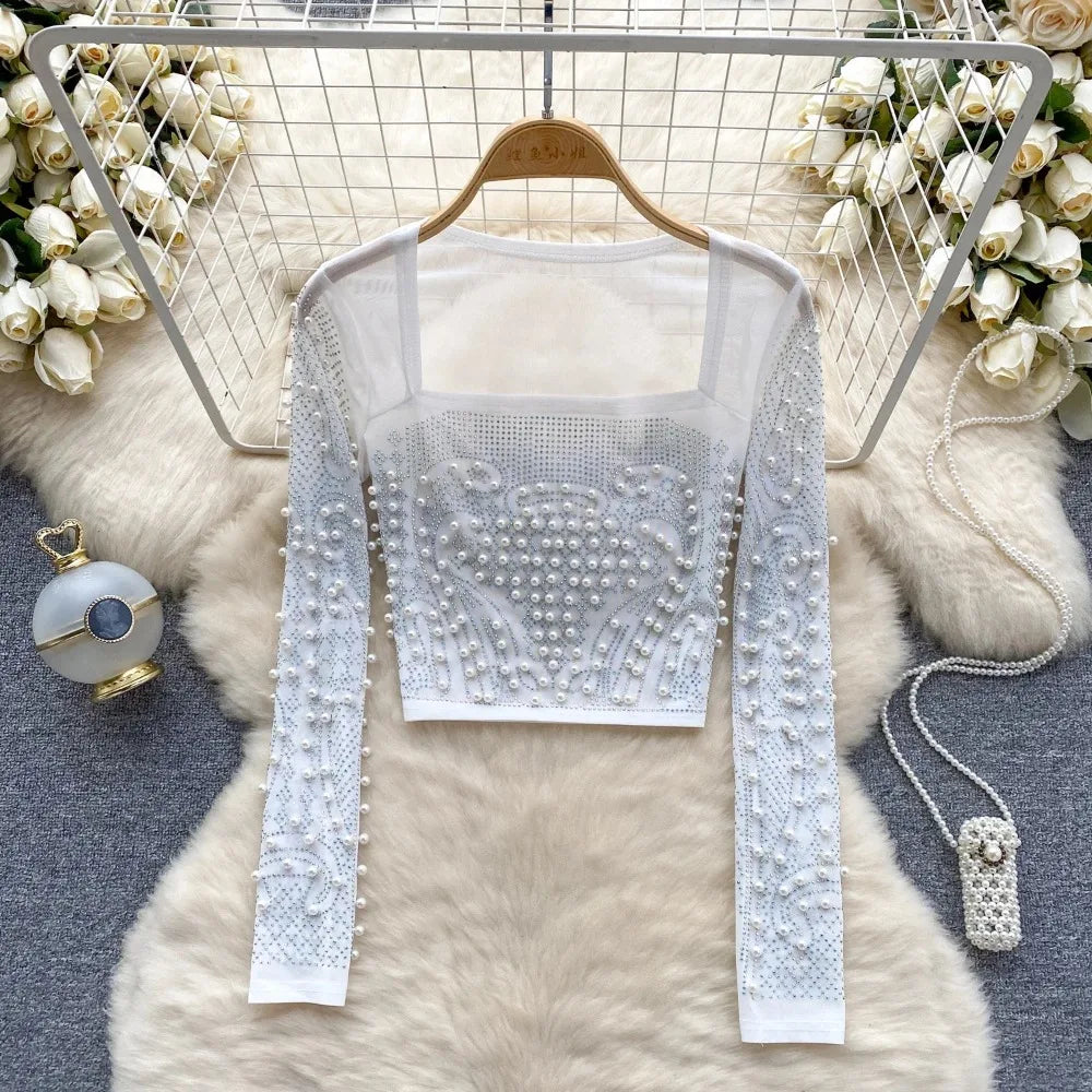 قميص نسائي أنيق بأكمام طويلة من حجر الراين، تي شيرت كوري أنيق، رقبة مربعة، مثير، أنيق