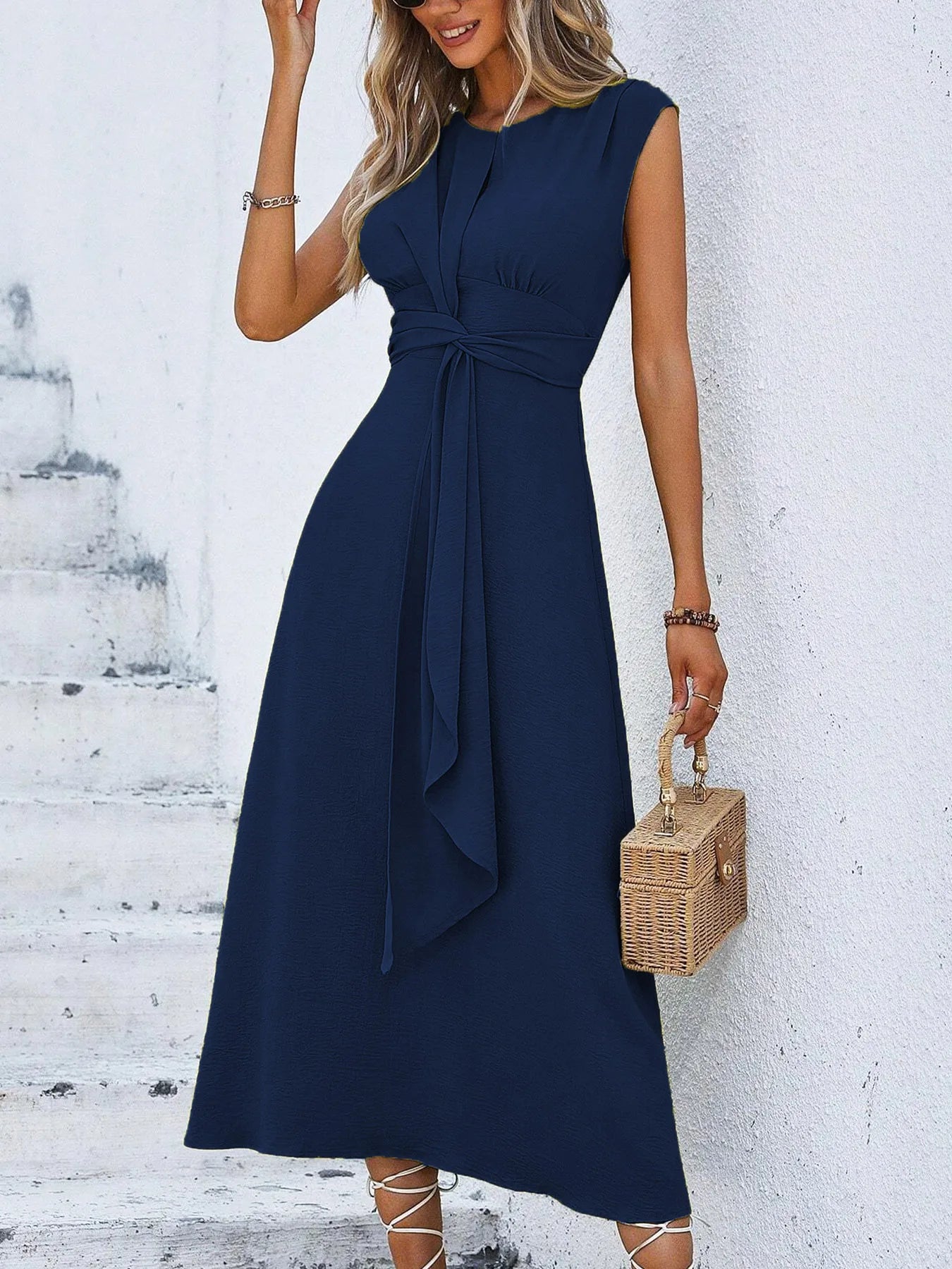 Women's Solid Color A-Line Dress Sleeveless Front Thin Straps Elegant Belted Midi Dress for Summer