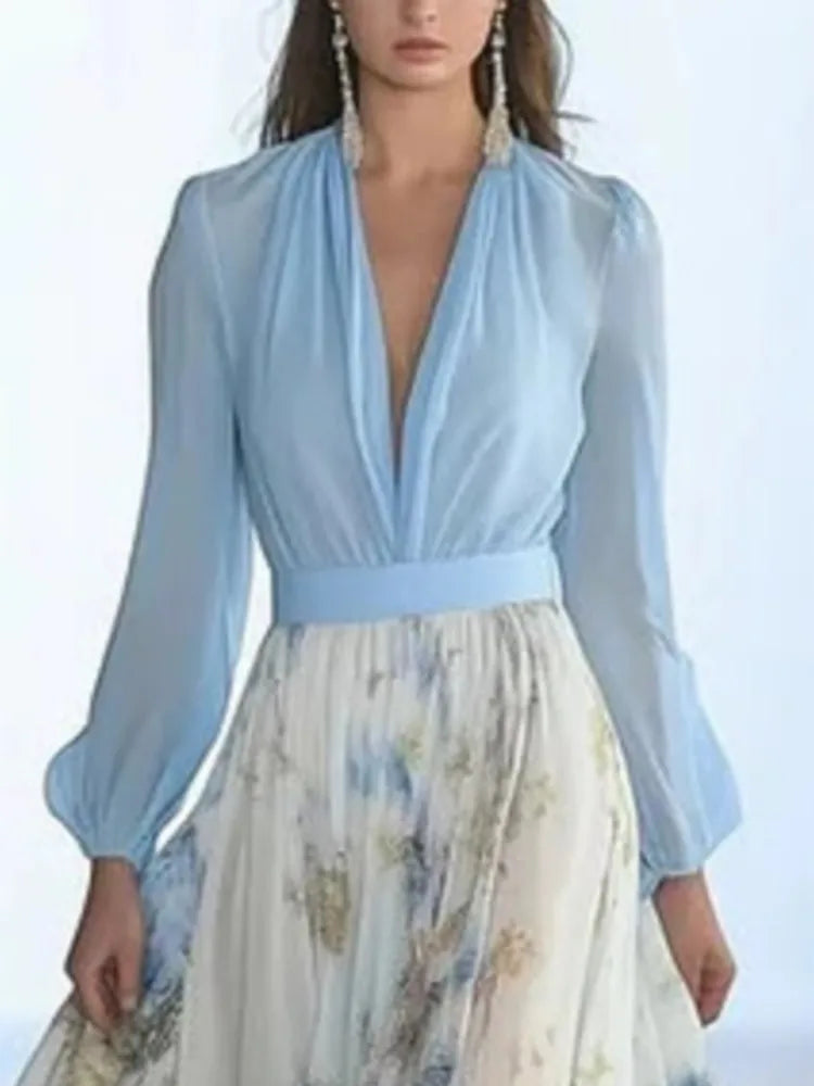 Elegant V-neck Long-sleeved Chiffon Dress Fashion Spring Autumn Powder Sleeve Splicing Flower Printing Casual Dresses Female