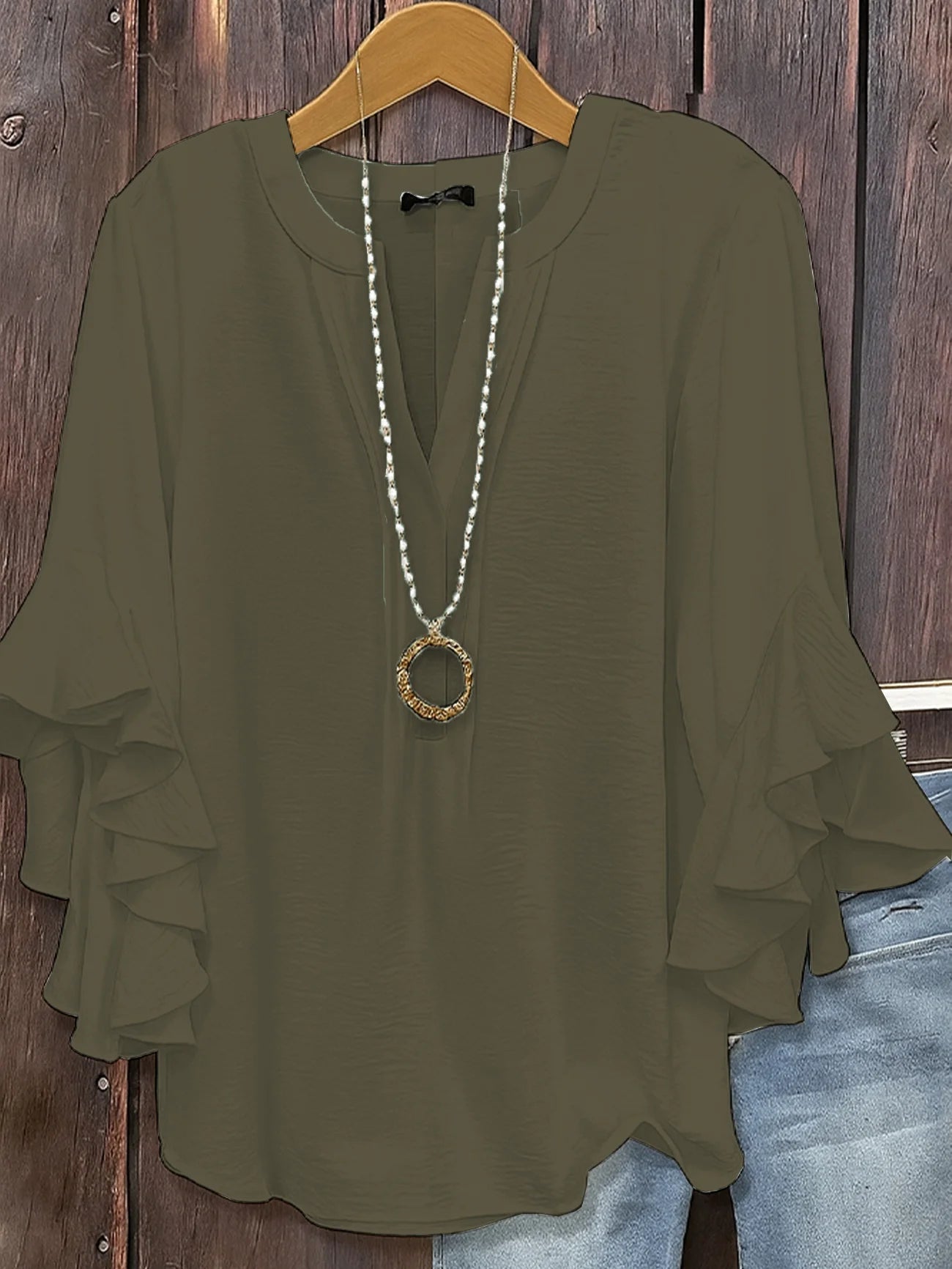 بلوزة نسائية بلون سادة أنيقة كاجوال بأكمام 3/4 وفتحة رقبة على شكل حرف V وبلوزات عادية مكشكشة للاستخدام اليومي باللون الأسود والأبيض والوردي والأخضر العسكري والصيف