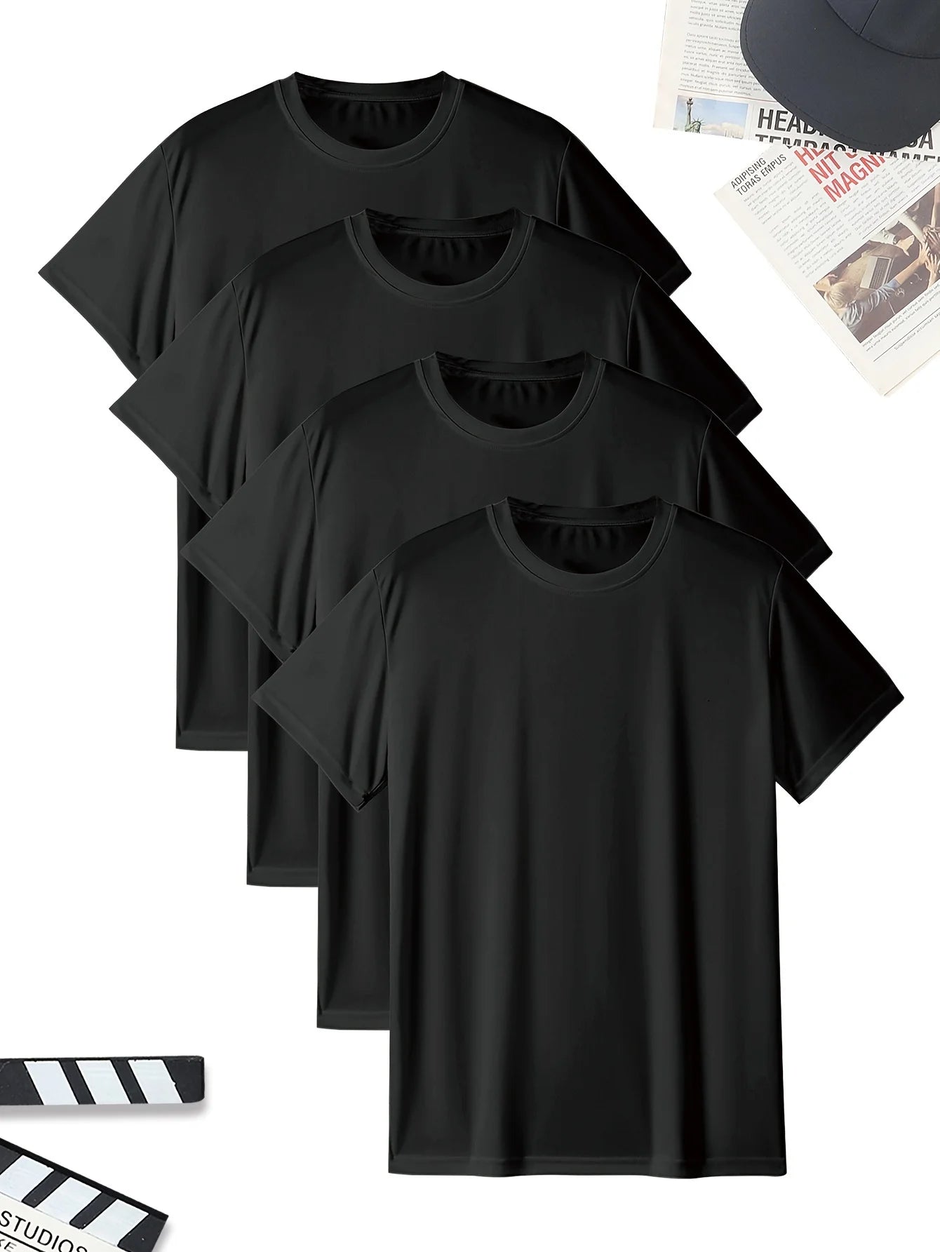 4 قطع تي شيرت رجالي صيفي رقيق أبيض أسود بلون سادة سريع الجفاف قابل للتنفس يمتص العرق مناسب لصالة الألعاب الرياضية والجري