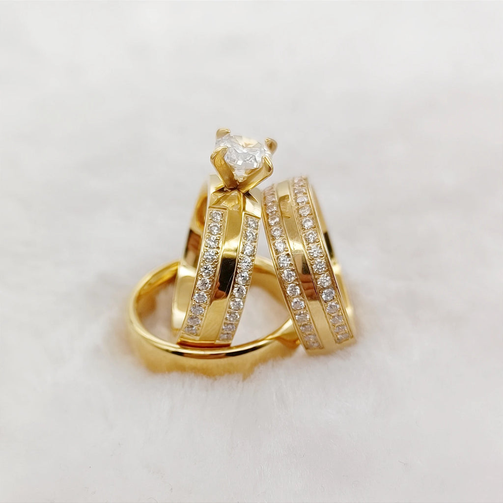 مجموعة خواتم خطوبة وزواج عالية الجودة مكونة من 3 قطع للأزواج مطلية بالذهب عيار 18 قيراطًا ومرصعة بالألماس، خاتم عشاق مجوهرات عصرية