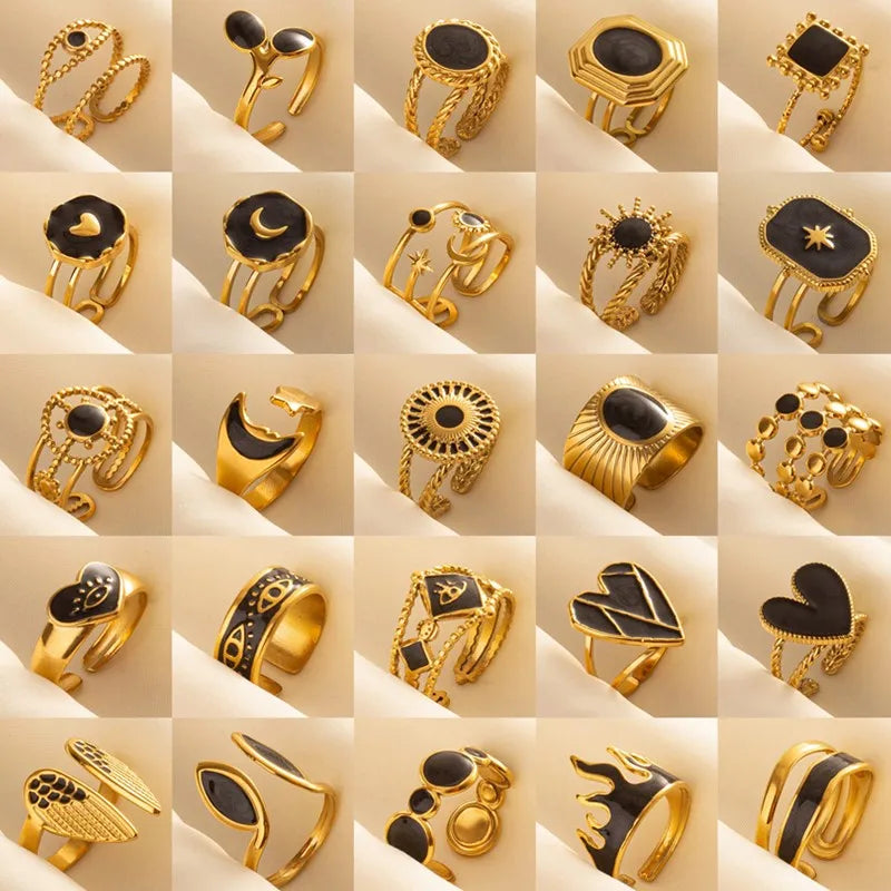 خاتم مفتوح قابل للتعديل بتصميم عين الحسد، قلب، شمس، قلب، للنساء والرجال، إكسسوارات، مينا أسود، مجوهرات عتيقة، خاتم من الفولاذ المقاوم للصدأ، هدية