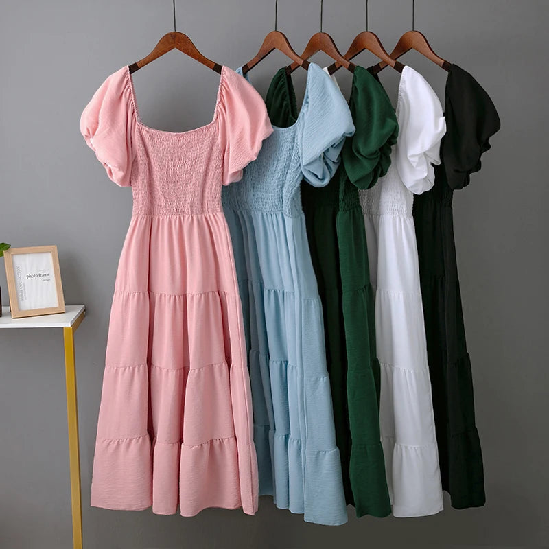 Elegant Solid Long Dresses Summer New Sexy Backless Slash Neck Elastic Dress Women High Waist Puff Sleeve Maxi Dress Elegant