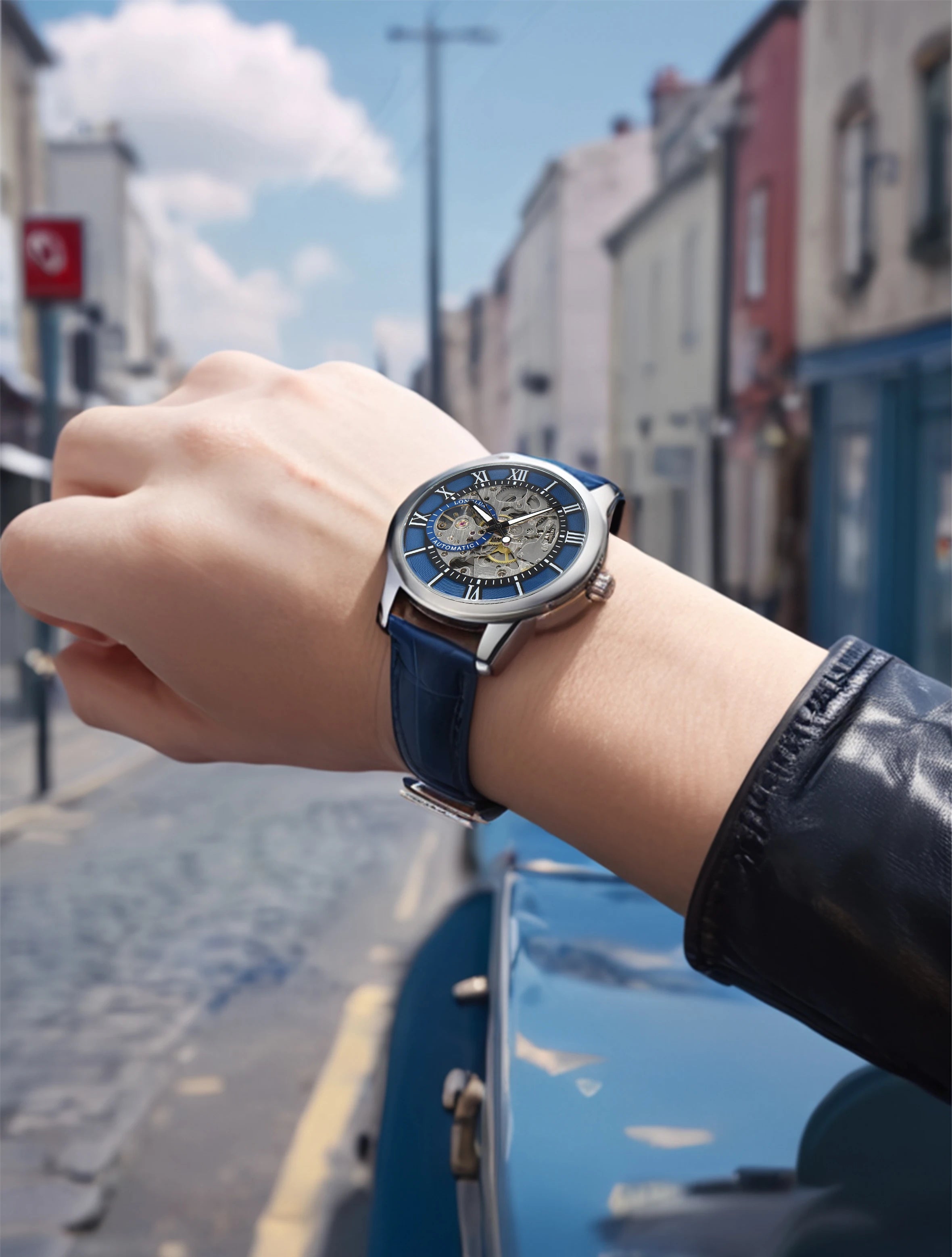 ساعة LONGLUX أوتوماتيكية روما بالجملة ساعات يد ميكانيكية مقاومة للماء من الجلد المجوف للرجال هدية للرجال