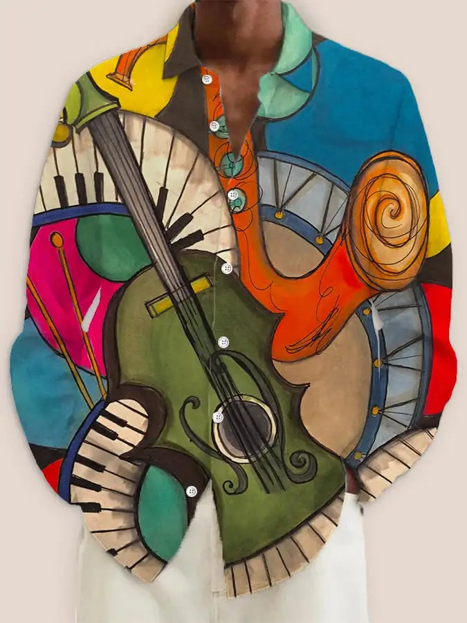 قميص رجالي جديد لعام 2024، مطبوع عليه رسومات فنية ثلاثية الأبعاد، بصف أزرار واحد وأكمام طويلة، قميص كاجوال بياقة فضفاضة وأكمام طويلة