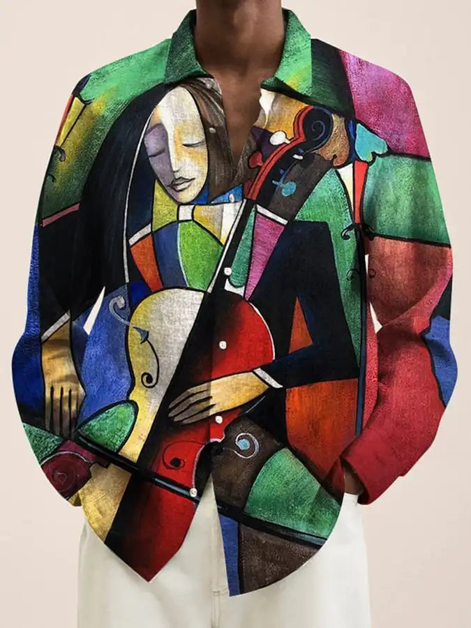 قميص رجالي جديد لعام 2024، مطبوع عليه رسومات فنية ثلاثية الأبعاد، بصف أزرار واحد وأكمام طويلة، قميص كاجوال بياقة فضفاضة وأكمام طويلة