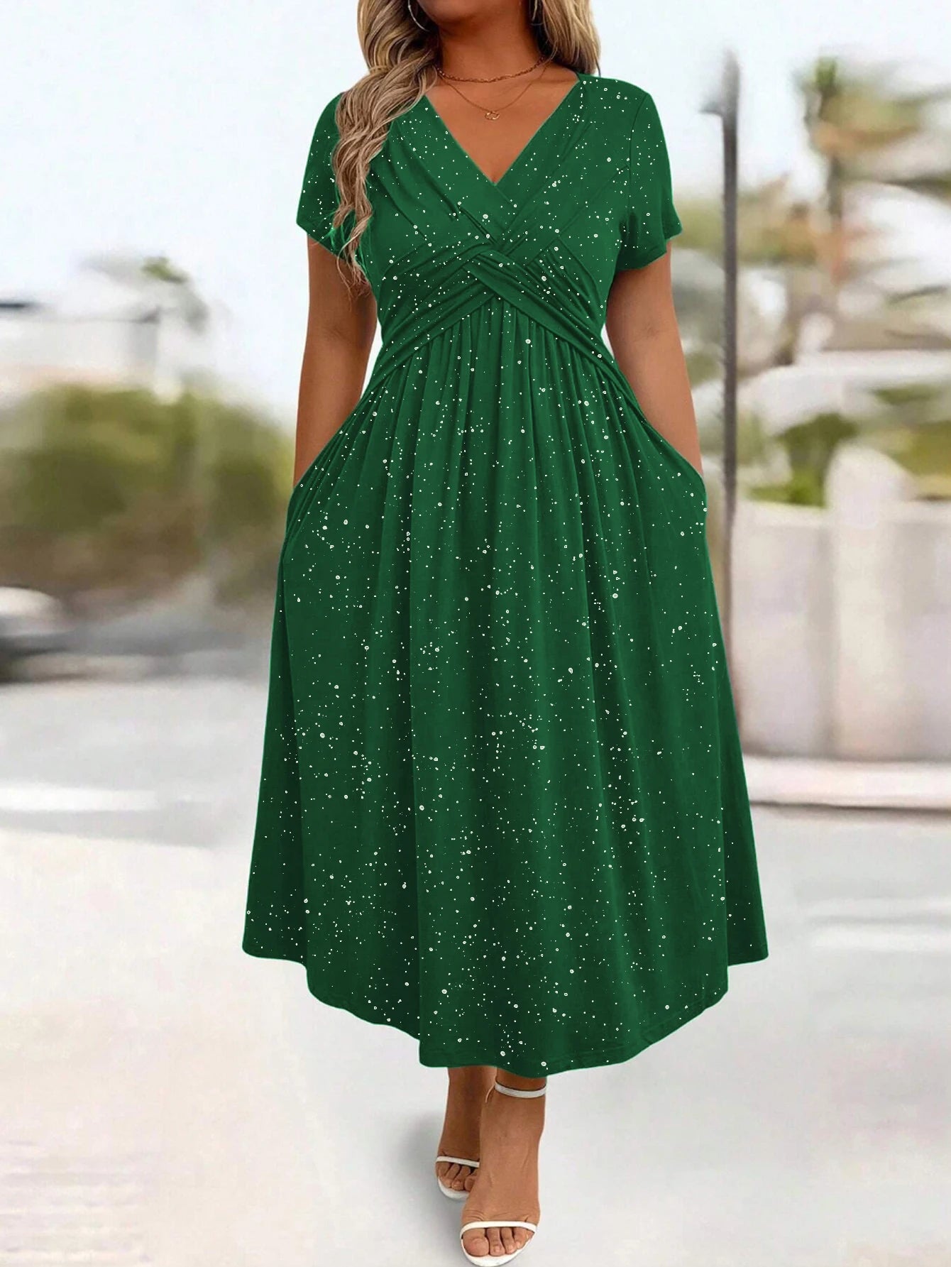 Ladies' elegant plus size powder sprinkled shiny twisted knot with pockets V-neck dress