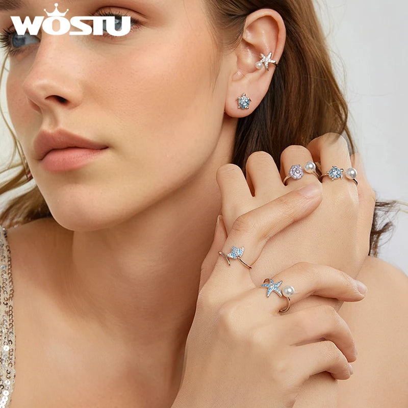 مجوهرات ووستو أوشن، خاتم مفتوح من الفضة الإسترليني عيار 925 بتصميم نجم البحر والسلحفاة، للنساء، بتصميم محارة زرقاء وسمكة مانتا، خواتم قابلة للتكديس، مناسبة للعطلات والشاطئ