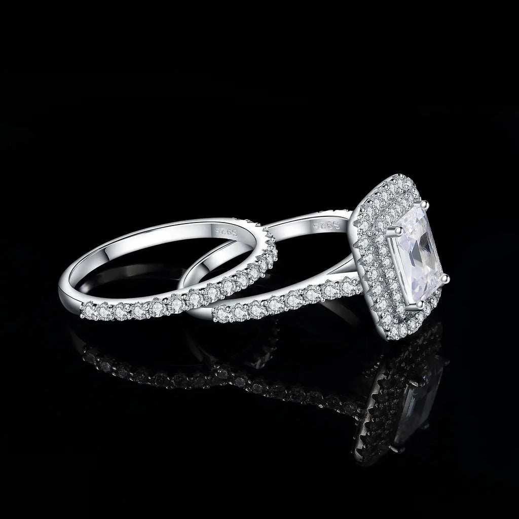 طقم خاتم خطوبة هالو من الفضة الإسترلينية عيار 925 من JewelryPalace للنساء، مرصع بحجر الزركونيا المكعب عيار 2.9 قيراط، بتصميم زمرد AAAAA، مجوهرات عصرية