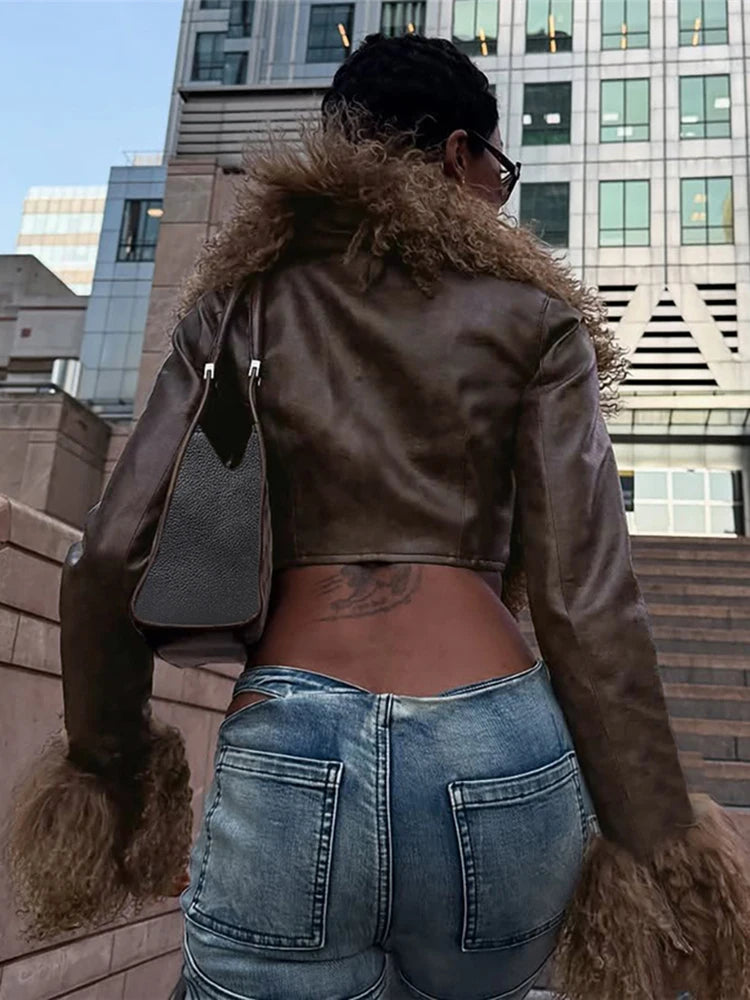 بلوزة قصيرة نسائية من الفرو الغريب بفتحة رقبة على شكل حرف V من البولي يوريثان، أساسية مثيرة، ملابس النادي، بأكمام طويلة، شتوية، مناسبة لـ Y2K