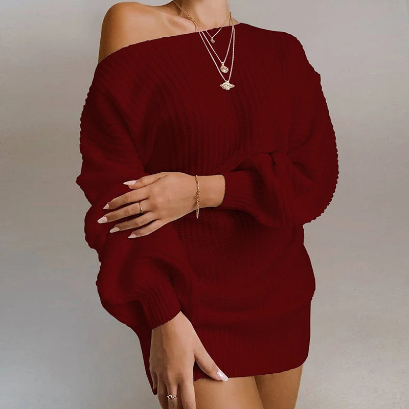 Fashion Off Shoulder Sweater Dress for Women Solid Color Balloon Sleeve Long Knitted Sweaters Woman Wild Warm Sweater Dresses