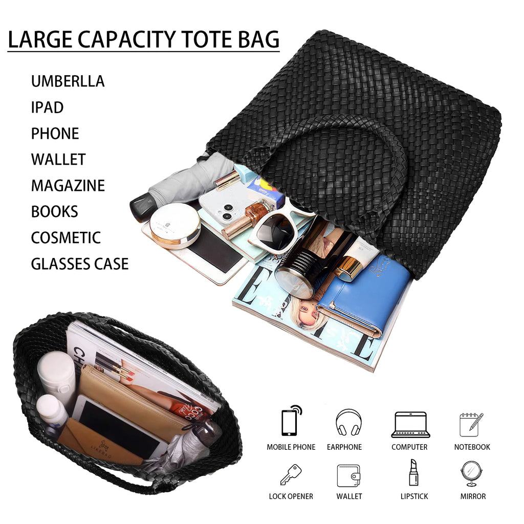 حقيبة يد نسائية منسوجة من الجلد النباتي - حقائب يد كتف أنيقة للصيف والشاطئ - حقائب سفر كبيرة