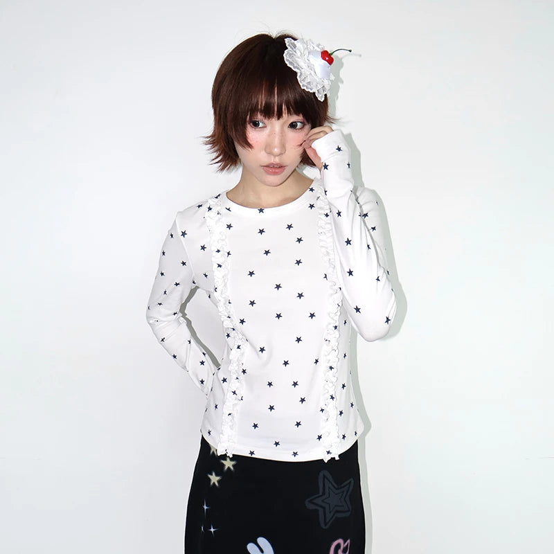 تي شيرت نسائي Genayooa Y2k Aesthetic بأكمام طويلة مطبوع عليه نجوم ورسومات جرافيكية، تي شيرت قطني ياباني من العقد الأول من القرن الحادي والعشرين، تي شيرتات عالية الجودة
