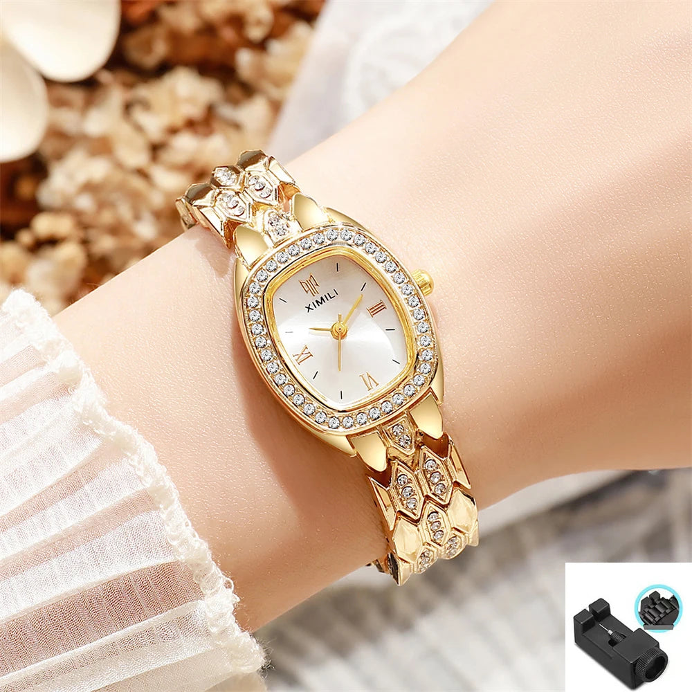 ساعة يد نسائية فاخرة مطلية بالذهب، تعمل بالكوارتز، بتصميم روماني بسيط، مصنوعة من الفولاذ المقاوم للصدأ، على شكل برميل، مناسبة للعمل، مزودة بحزام بإبزيم عالي الجودة.