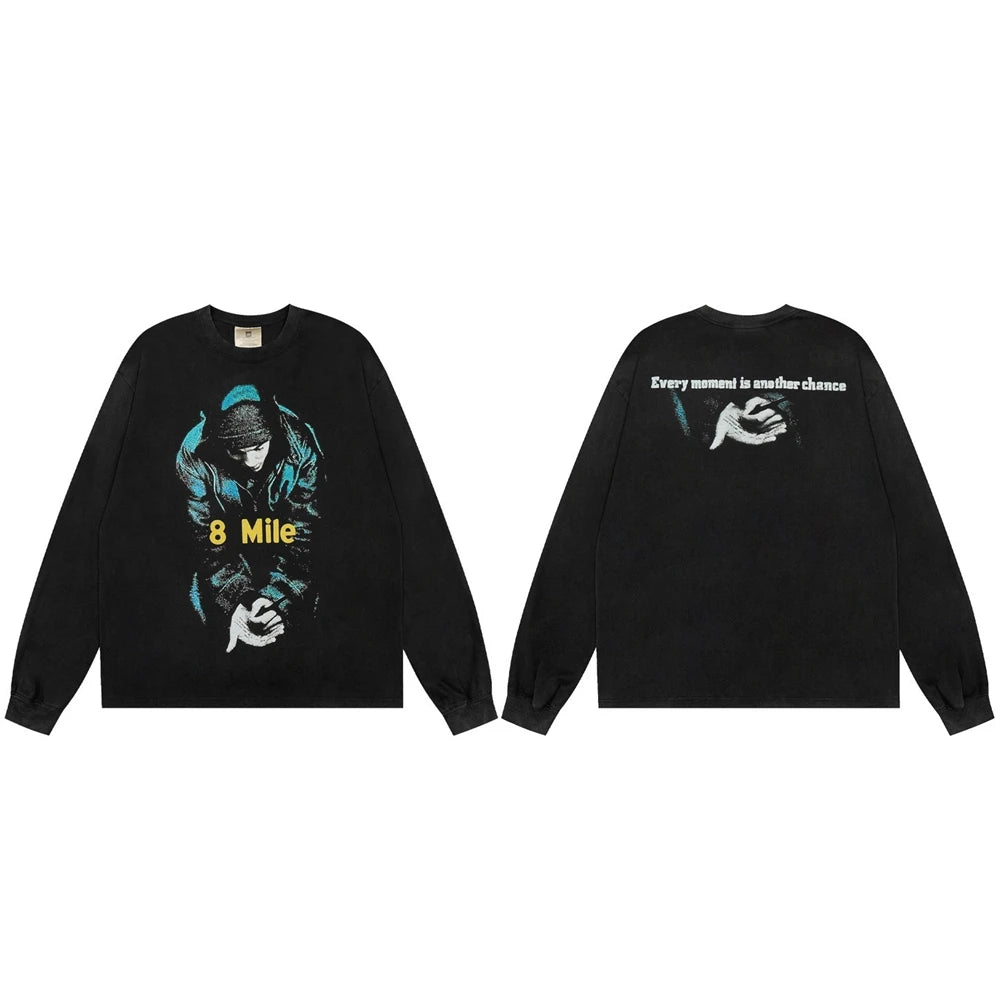 تي شيرت رجالي عتيق برسومات مطبوعة على الطراز الأمريكي من KUCLUT 8mile Fashion بأفضل جودة ومقاس كبير وأكمام طويلة