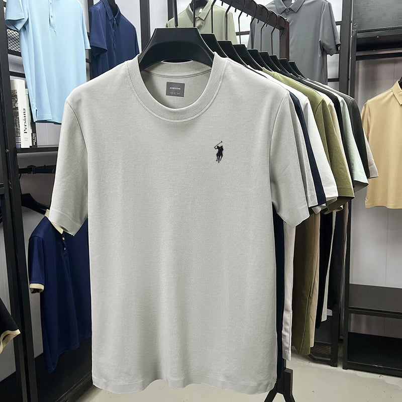 تي شيرت رجالي من علامة تجارية راقية مطرز برقبة دائرية وأكمام قصيرة وعصري غير رسمي مصنوع من القطن القابل للتنفس ويمتص العرق