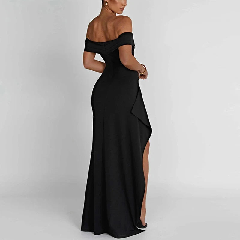 Women Backless Slash Neck Party Dress Sleeveless Split Dress Elegant Black Long Dresses New Fashion Summer 5963