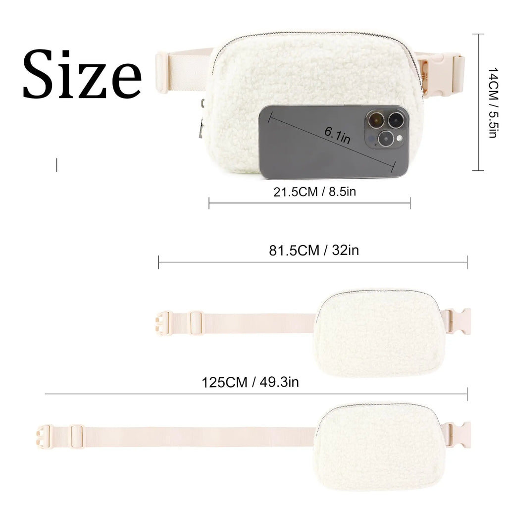 حقيبة حزام من الصوف الشتوي لكل مكان حقيبة كروس بودي نسائية بيضاء حقيبة خصر صغيرة بحزام قابل للتعديل (عاجي)