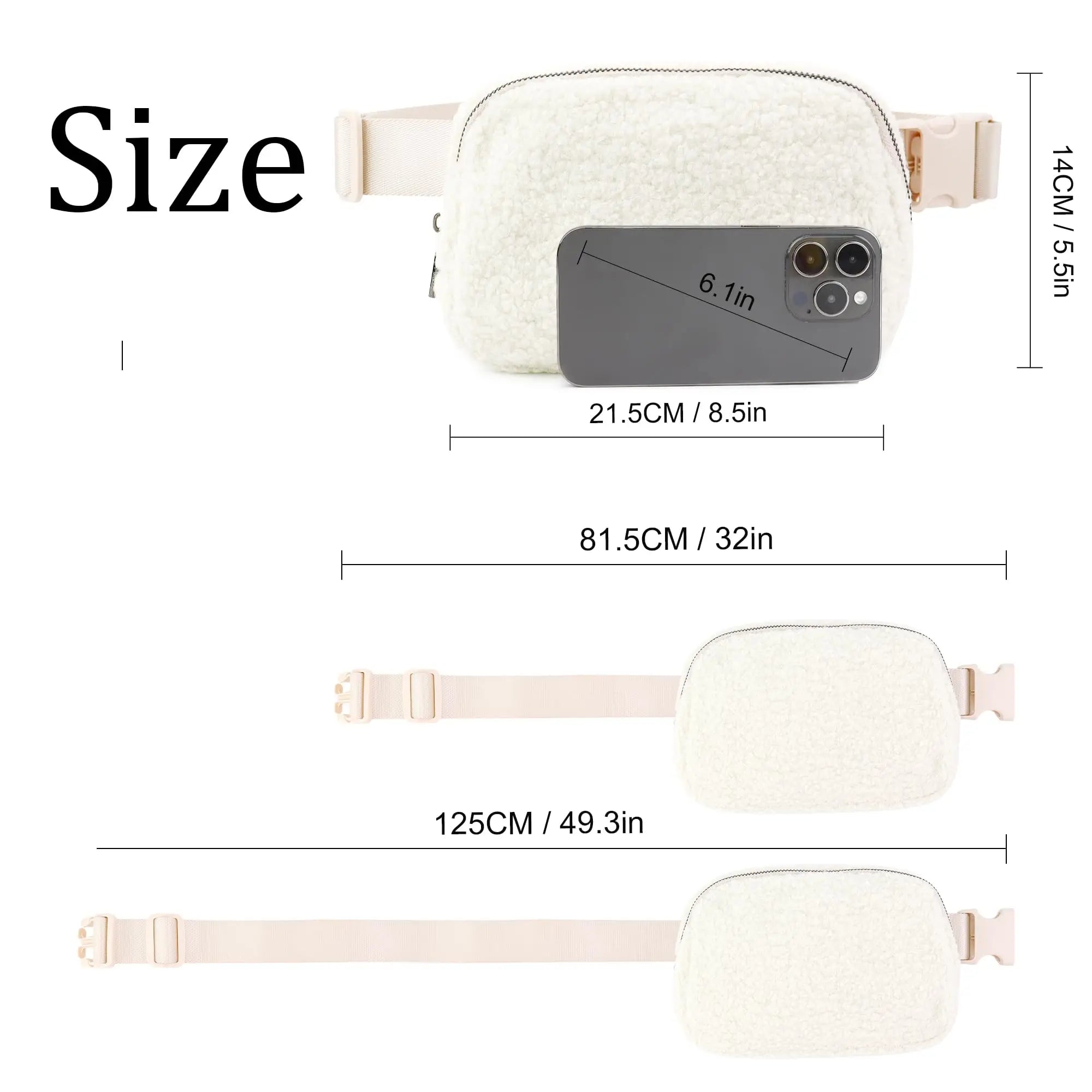 حقيبة حزام من الصوف الشتوي لكل مكان حقيبة كروس بودي نسائية بيضاء حقيبة خصر صغيرة بحزام قابل للتعديل (عاجي)