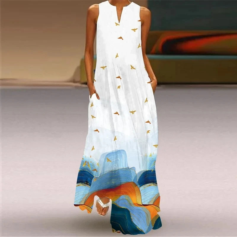 Elegant Sleeveless Women Dress Summer Vintage Print Loose Long Maxi Dresses Lady V Neck Pocket Sundress Femme Vestido Plus Size