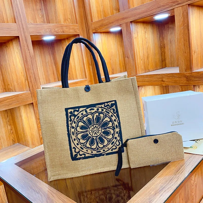 حقيبتان كبيرتان من الكتان، حقيبة يد قماشية واسعة، حقائب تسوق، حقيبة مكياج، محفظة نقود، هدية مثالية لحفلات الزفاف وأعياد الميلاد وعطلات الشاطئ