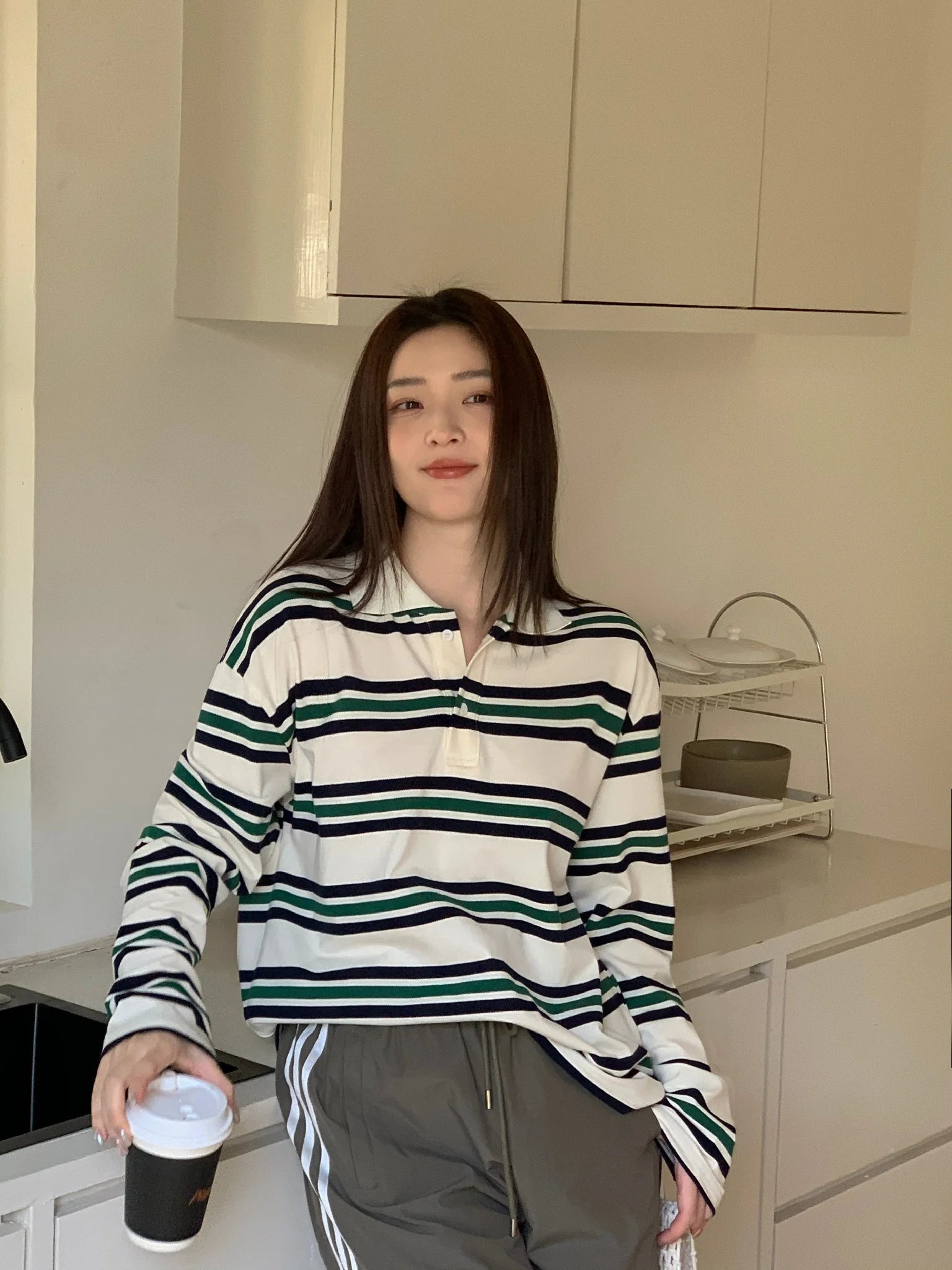 قمصان بولو صيفية للنساء بأكمام طويلة وقميص قصير بخطوط خضراء متعددة الألوان، قمصان بولو نسائية كاجوال مخططة باللون البني للخريف