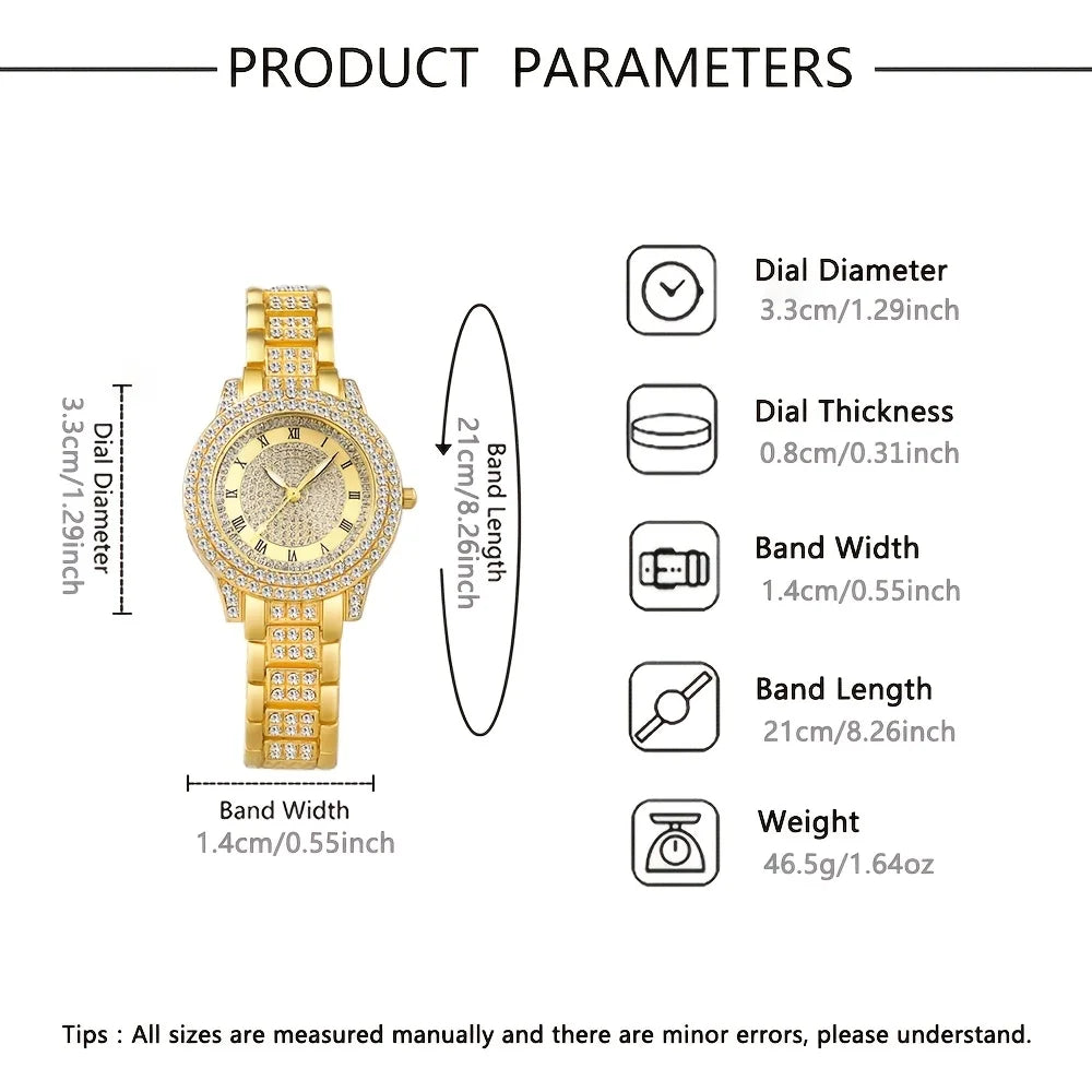 طقم مجوهرات ساعات نسائية أنيقة مكون من 6 قطع، ساعة كوارتز مرصعة بأحجار الراين، هدية مثالية للفتيات (بدون علبة)