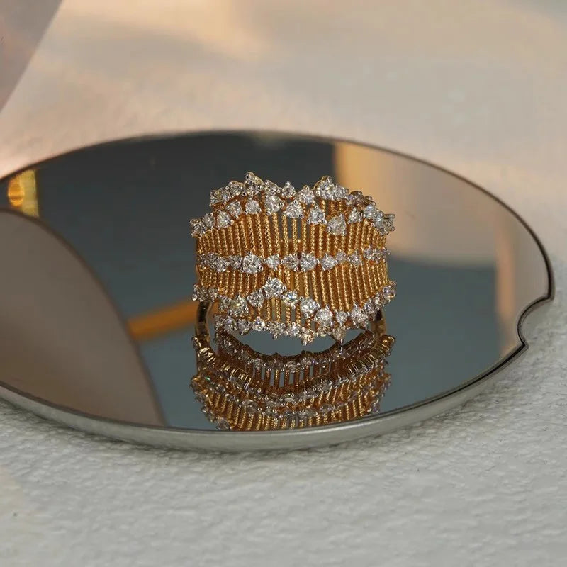 خاتم نسائي أنيق بتصميم دانتيل فرنسي عتيق مرصع بالكريستال، قابل للتعديل، مصنوع من الفولاذ المقاوم للصدأ، مناسب للحفلات، وإكسسوارات مجوهرات، هدية.