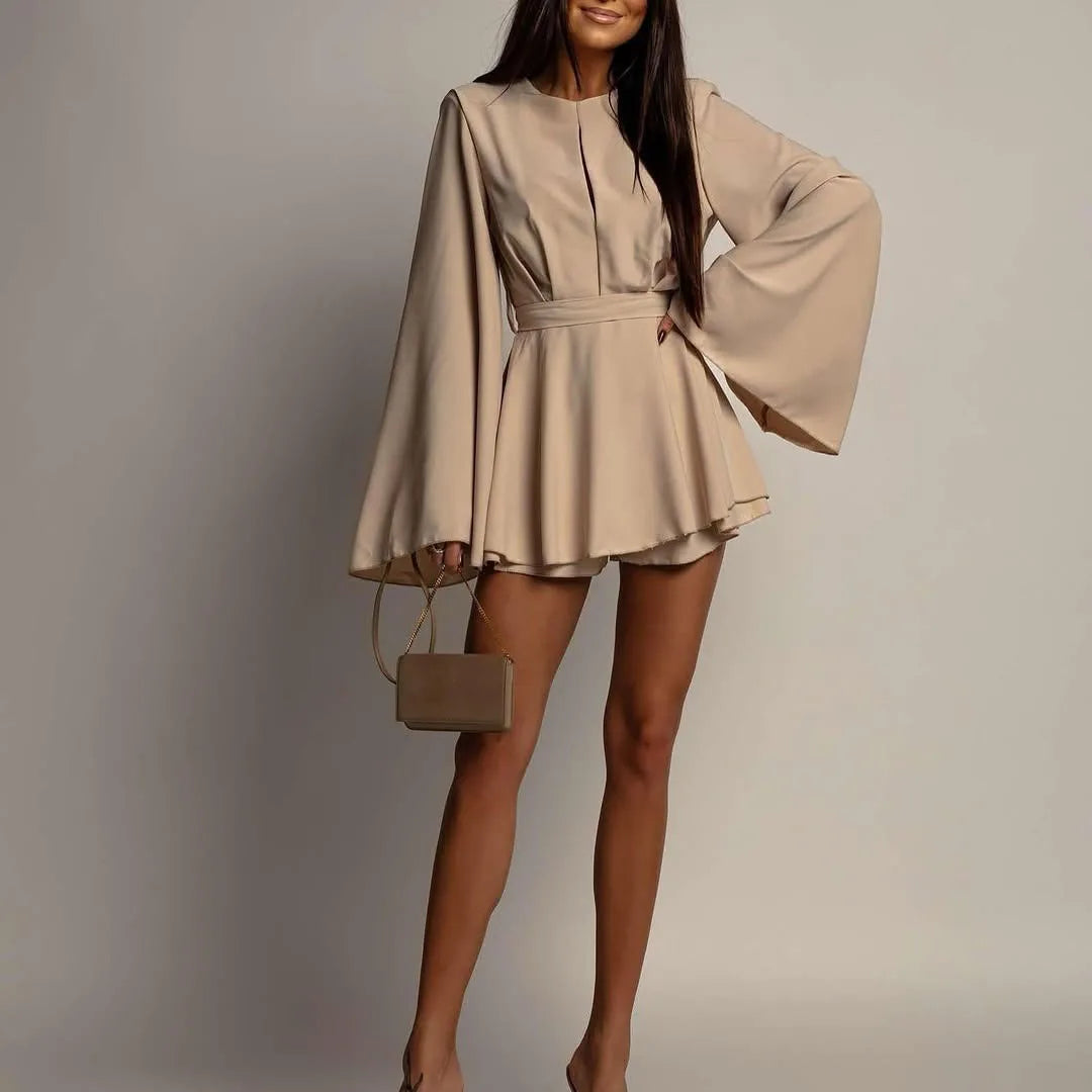 Women's Solid Color Bell Sleeve Dress O-Neck Cutout Waist Belted Flared Mini Dress Elegant Party Dress Evening Event & Dating