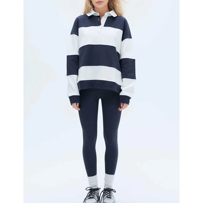 سويت شيرت نسائي واسع بأكمام طويلة وياقة وأزرار وخطوط بألوان متباينة وقمصان فضفاضة بتصميم Y2K وقمصان رغبي أنيقة