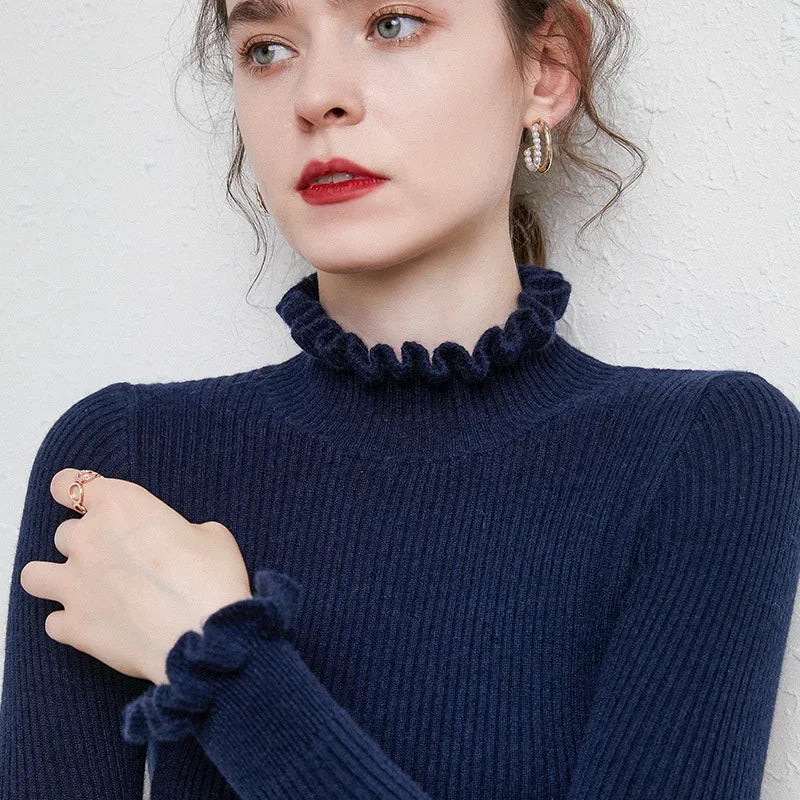 Autumn Winter Women's Knitted Sweater Floral Collar Inner Wear Tided Base Shirt Underwear Sweater Coat Top Pure Color Full Sleev