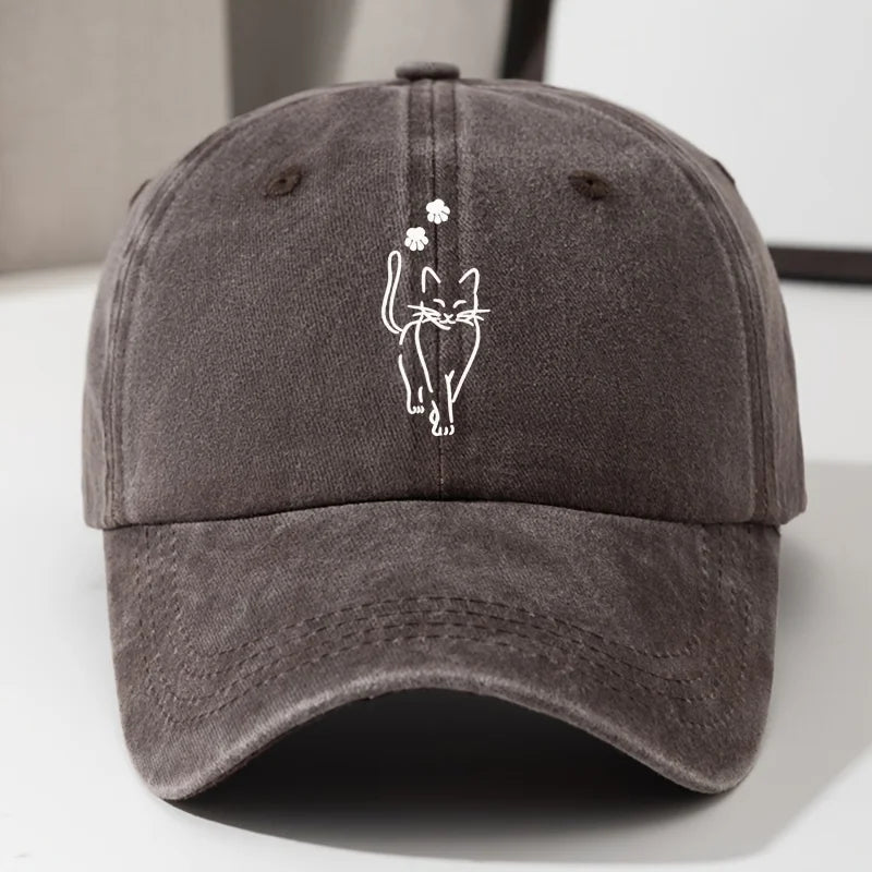 Cute cat printed baseball cap, retro washed denim curved hip hop hat, adjustable outdoor travel hat