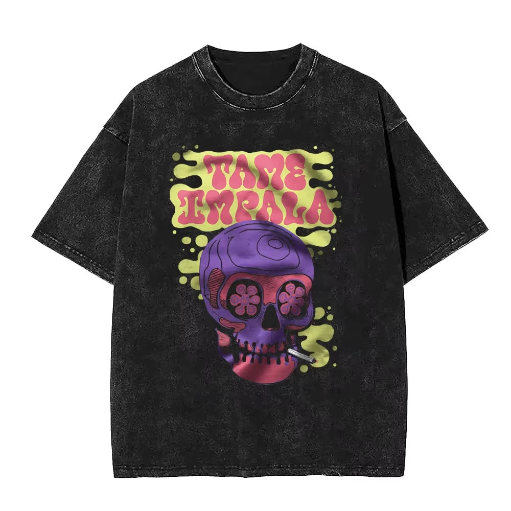 تي شيرتات 2025 Washed Vintage Tame Impala Graphic Print Tshirts ملابس رجالية تي شيرت Pop Rock Band للرجال والنساء تي شيرت عصري ريترو