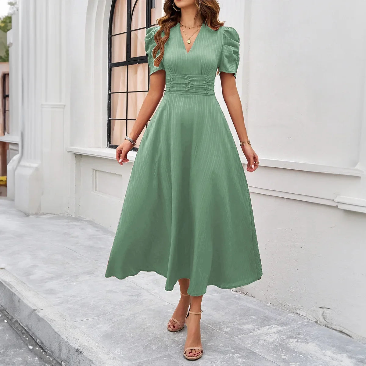 Solid Color Casual Slim Long Dresses For Women Fashion Summer Women's Puff Sleeve A Line Midi Dress Elegant Vintage Female Dress