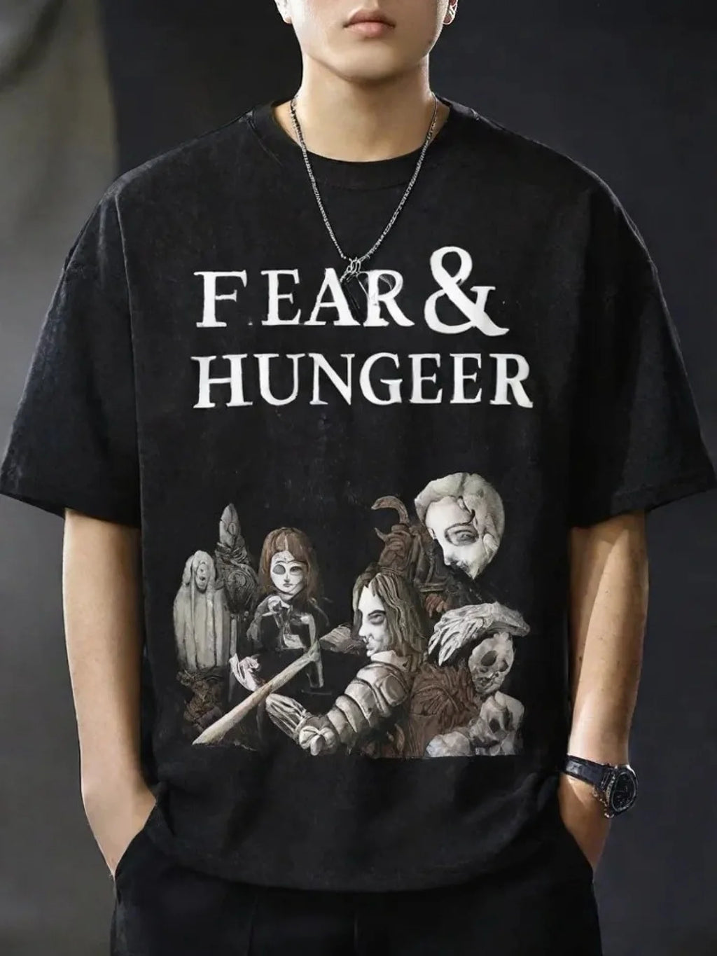 The "fear and Hunger" Impression Skull and Bone Vintage Cotton Shirt Washes Men and Women, All-season Casual Wear