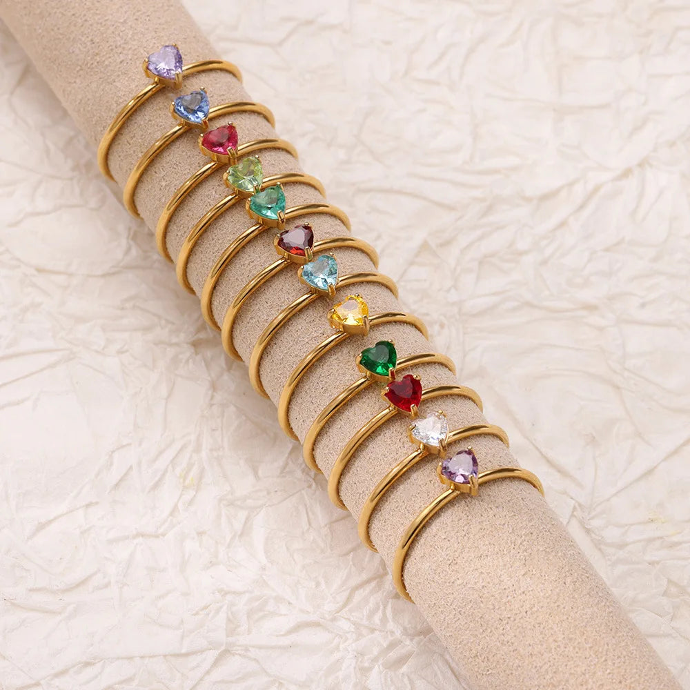 خواتم زركون على شكل قلب مرصعة بحجر الميلاد للنساء، لون ذهبي، قابلة للتعديل، مصنوعة من الفولاذ المقاوم للصدأ، خاتم على شكل قلب مرصع بحجر الميلاد، هدية مجوهرات زفاف، هدية للصديقة المقربة