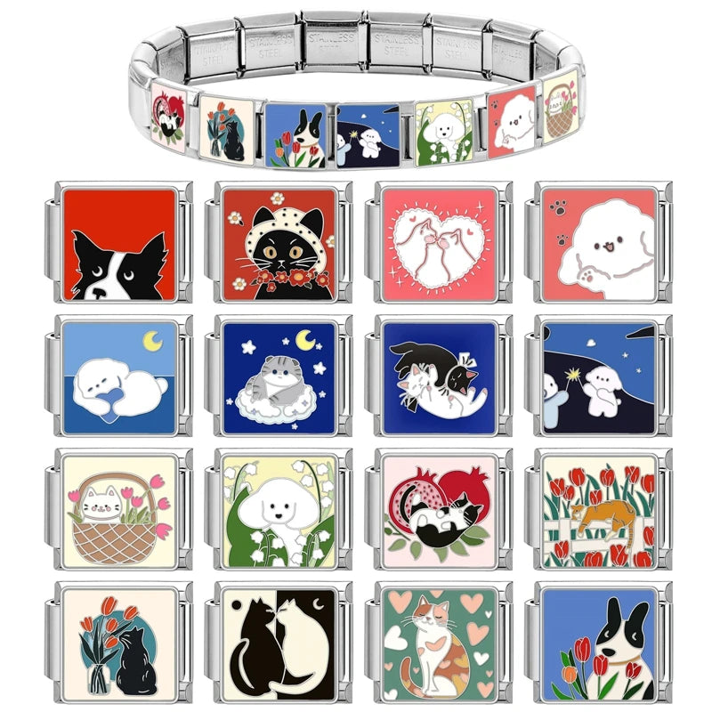 قطعة واحدة من دلايات القط المحظوظ الكرتوني تيدي شيبا إينو الإيطالية تناسب سوار 9 مم من الفولاذ المقاوم للصدأ صناعة المجوهرات بنفسك بالجملة