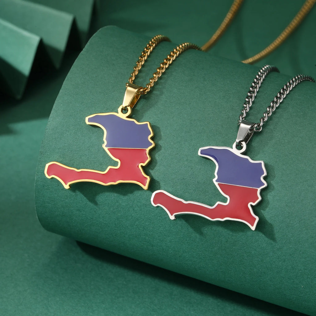 قلادة بتصميم إبداعي على شكل خريطة هايتي ولون علم هايتي للنساء والرجال بسلسلة من الفولاذ المقاوم للصدأ هدية عيد ميلاد