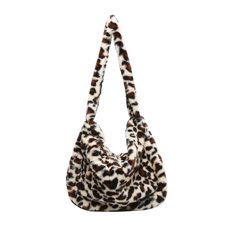 Large Capacity Leopard Women Shoulder Bags Faux Fur Messenger Bag Ladies Plush Hobos Crossbody Vintage Fashion Female Handbags