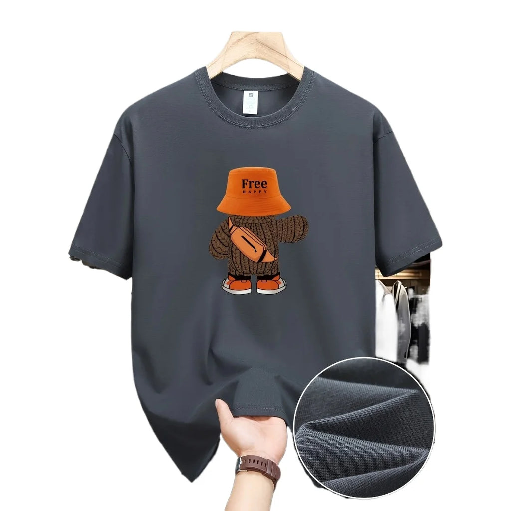 Summer men's  sports casual loose fit plus cartoon pattern printed comfortable round neck short sleeved T-shirt